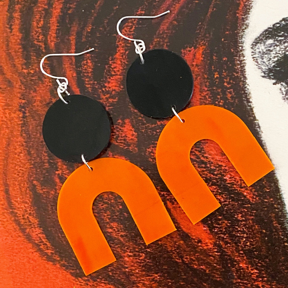Marbled Orange and Black Record Earrings